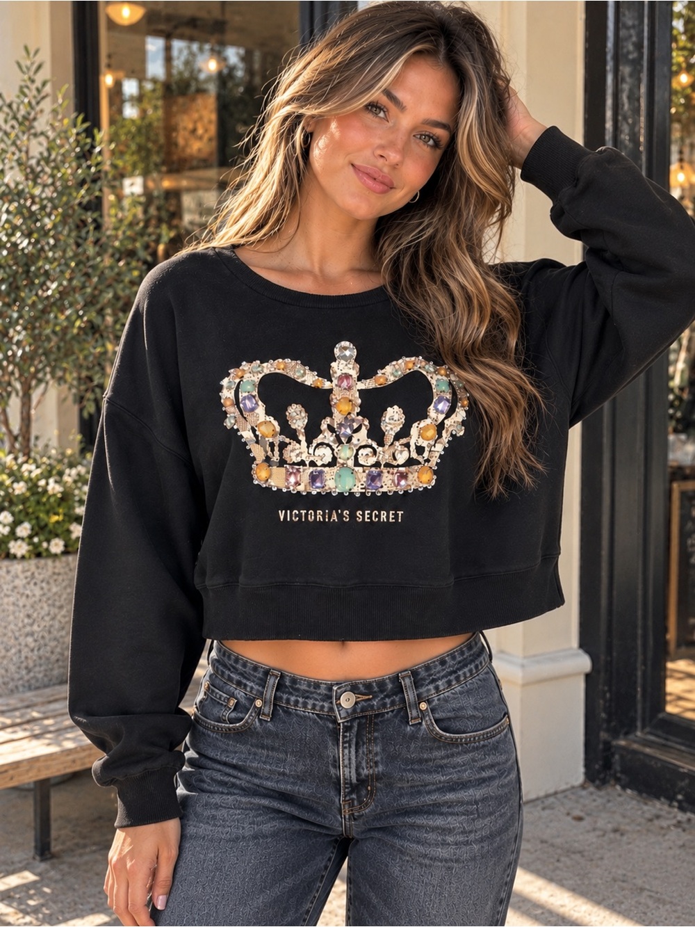 Victoria’s Secret Y2K McBling Jeweled Crown Rhinestone Cropped Sweatshirt Boxy